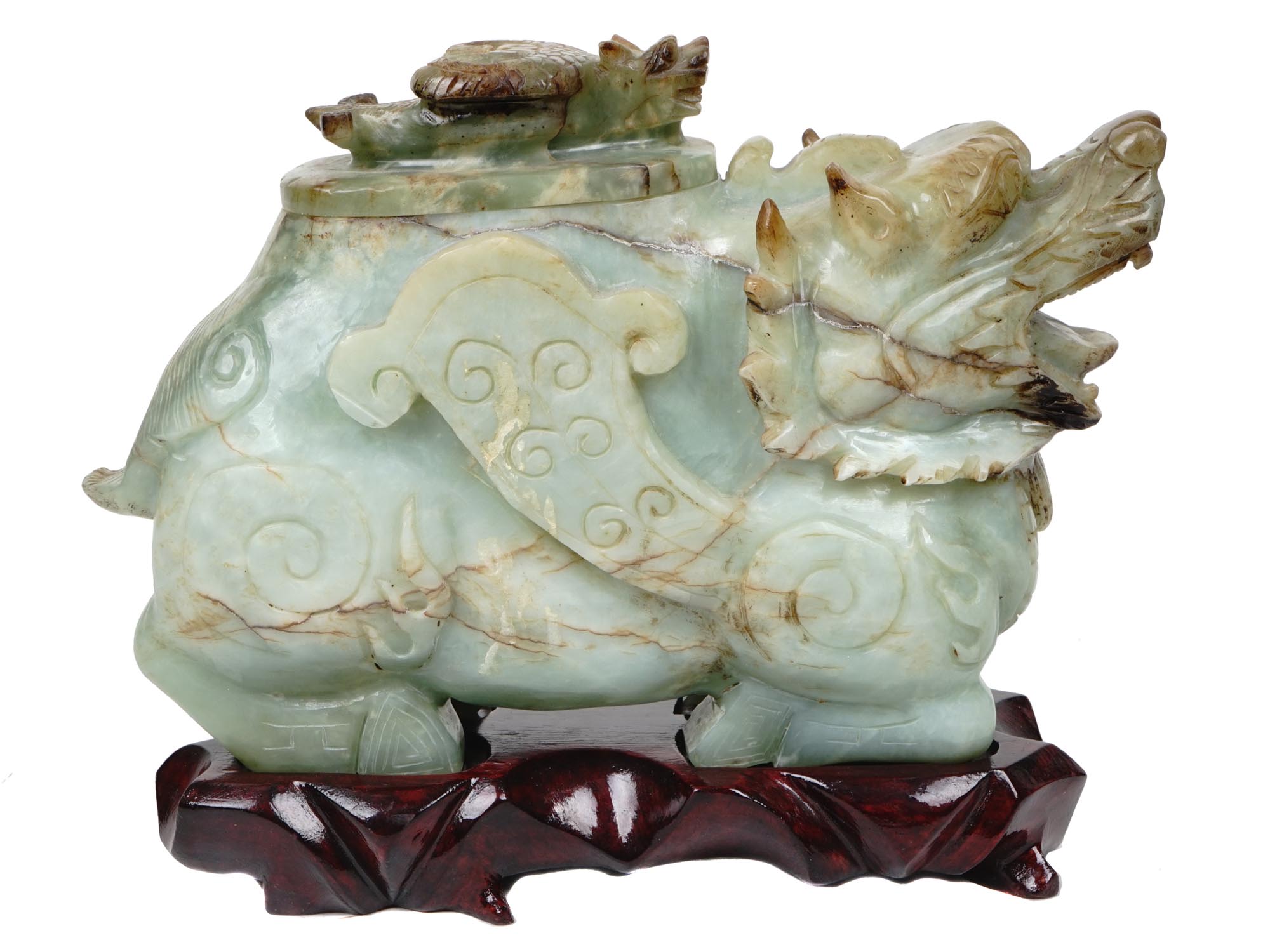 ANTIQUE 19TH C. ASIAN CARVED JADE DRAGON BOX PIC-3